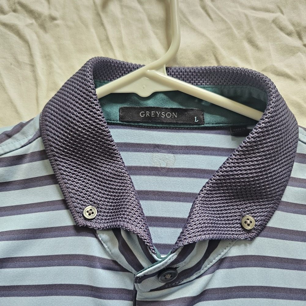 Greyson Blue Striped Athletic‎ Golf Performance Polo Shirt Mens Large - Picture 4 of 8